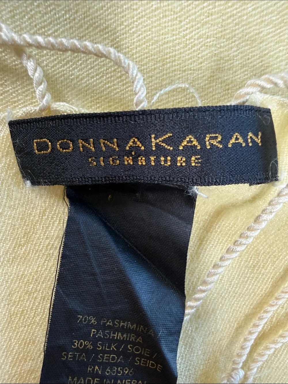 Donna Karan butter yellow soft pashmina silk shawl scarf with fringe